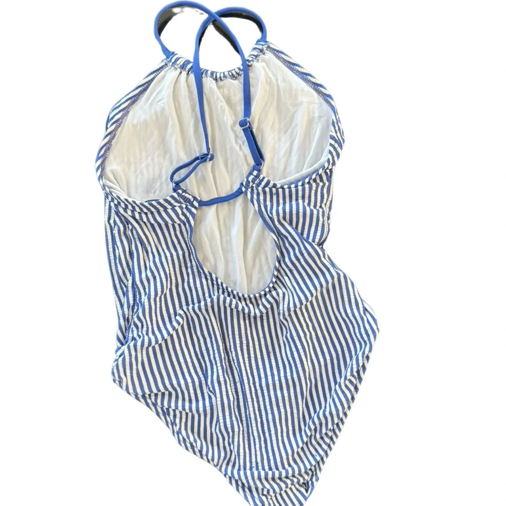 Girls Swimsuit, Blue, White, Striped, Old Navy, Medium